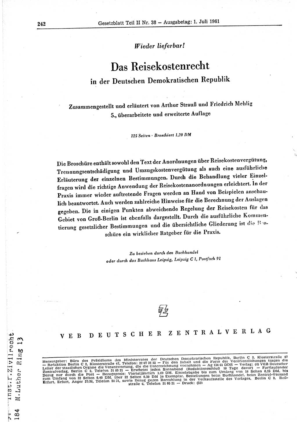 Gesetzblatt (GBl.) der Deutschen Demokratischen Republik (DDR) Teil ⅠⅠ 1961, Seite 242 (GBl. DDR ⅠⅠ 1961, S. 242)