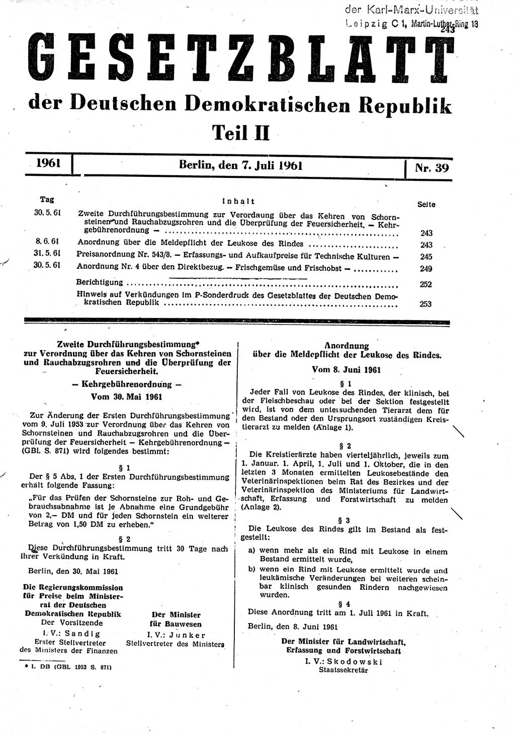 Gesetzblatt (GBl.) der Deutschen Demokratischen Republik (DDR) Teil ⅠⅠ 1961, Seite 243 (GBl. DDR ⅠⅠ 1961, S. 243)