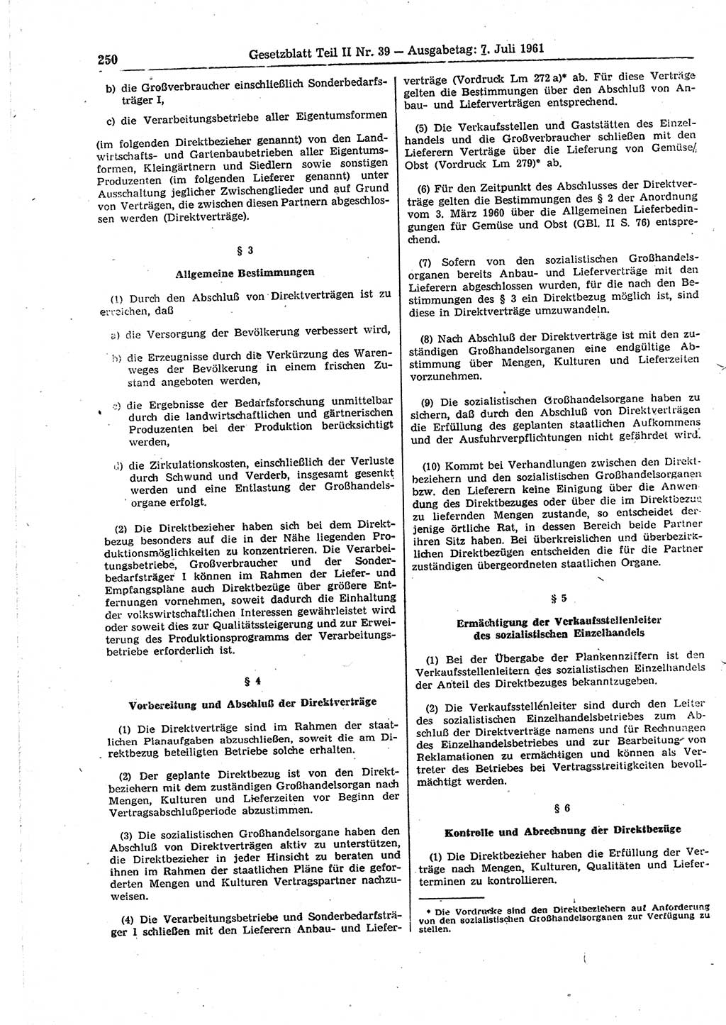 Gesetzblatt (GBl.) der Deutschen Demokratischen Republik (DDR) Teil ⅠⅠ 1961, Seite 250 (GBl. DDR ⅠⅠ 1961, S. 250)