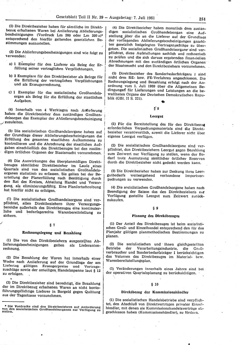 Gesetzblatt (GBl.) der Deutschen Demokratischen Republik (DDR) Teil ⅠⅠ 1961, Seite 251 (GBl. DDR ⅠⅠ 1961, S. 251)