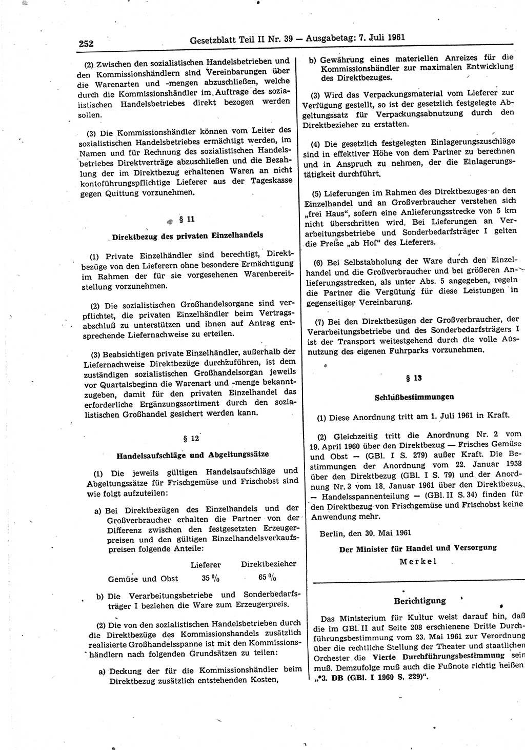 Gesetzblatt (GBl.) der Deutschen Demokratischen Republik (DDR) Teil ⅠⅠ 1961, Seite 252 (GBl. DDR ⅠⅠ 1961, S. 252)