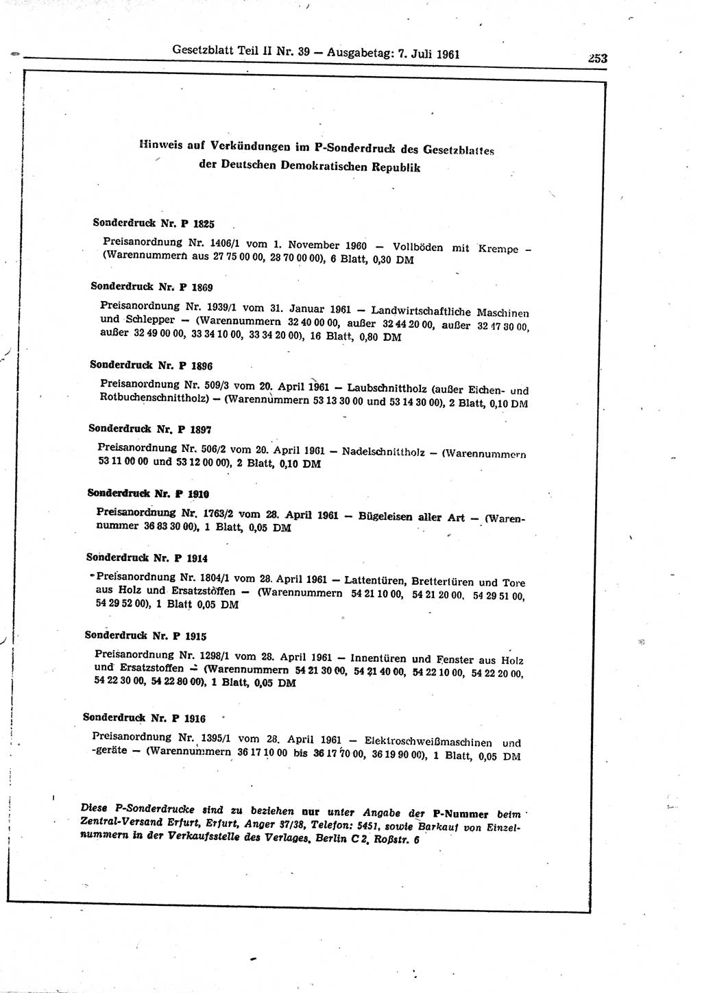 Gesetzblatt (GBl.) der Deutschen Demokratischen Republik (DDR) Teil ⅠⅠ 1961, Seite 253 (GBl. DDR ⅠⅠ 1961, S. 253)