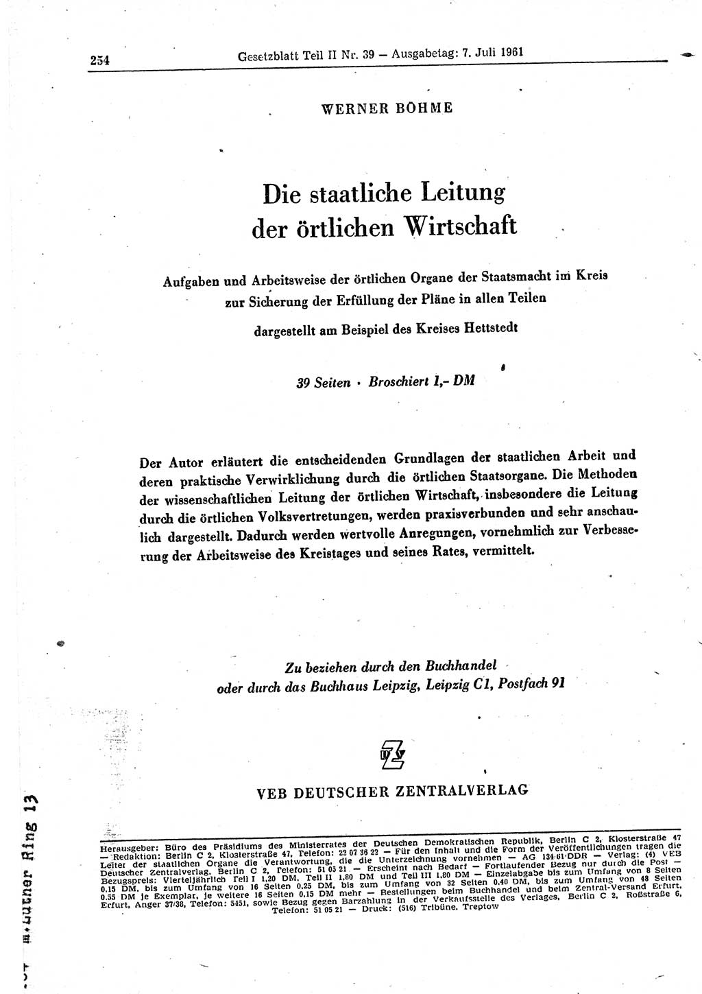 Gesetzblatt (GBl.) der Deutschen Demokratischen Republik (DDR) Teil ⅠⅠ 1961, Seite 254 (GBl. DDR ⅠⅠ 1961, S. 254)