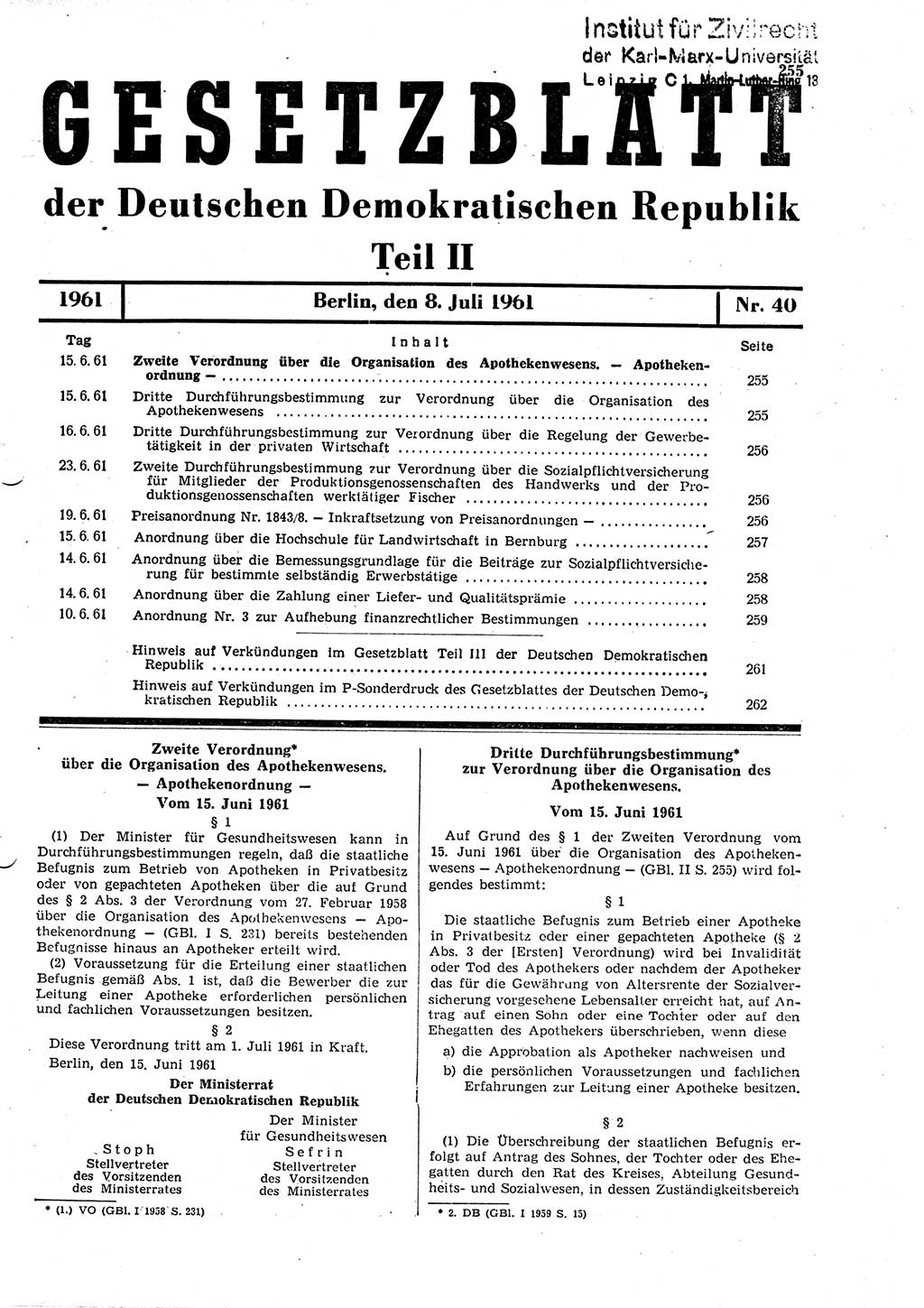Gesetzblatt (GBl.) der Deutschen Demokratischen Republik (DDR) Teil ⅠⅠ 1961, Seite 255 (GBl. DDR ⅠⅠ 1961, S. 255)