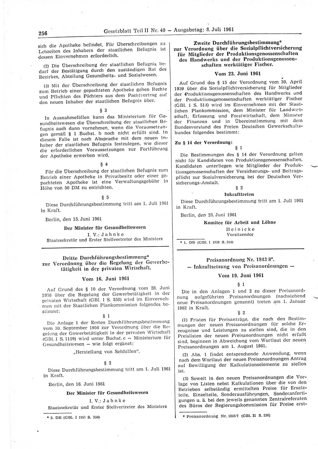 Gesetzblatt (GBl.) der Deutschen Demokratischen Republik (DDR) Teil ⅠⅠ 1961, Seite 256 (GBl. DDR ⅠⅠ 1961, S. 256)