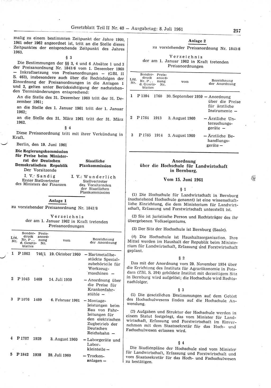 Gesetzblatt (GBl.) der Deutschen Demokratischen Republik (DDR) Teil ⅠⅠ 1961, Seite 257 (GBl. DDR ⅠⅠ 1961, S. 257)