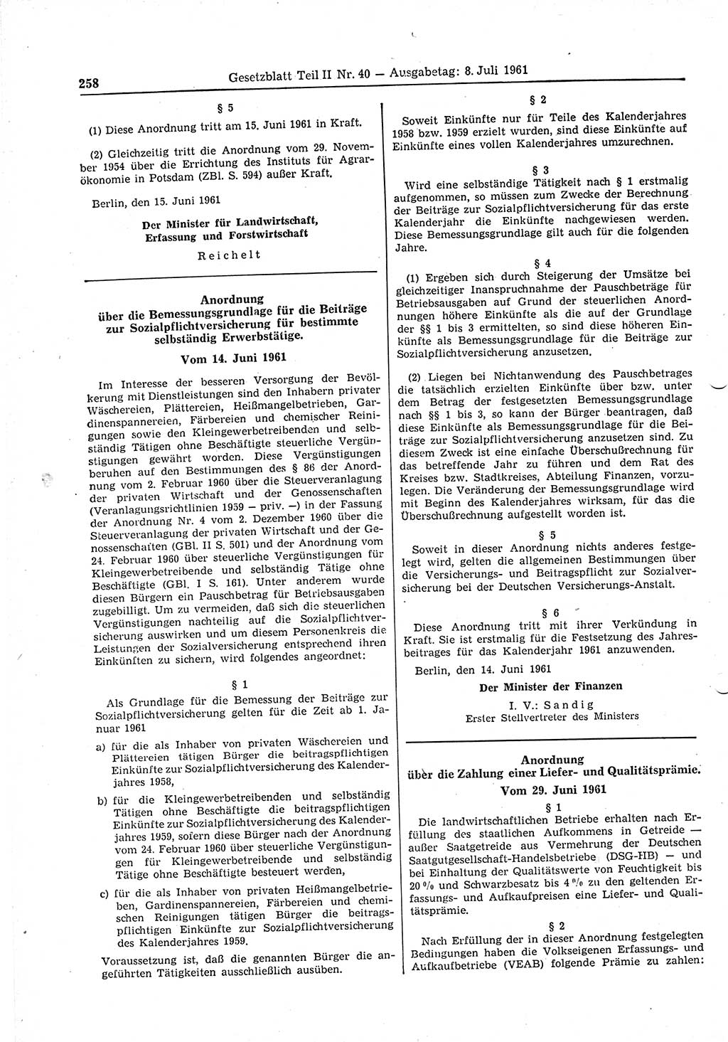 Gesetzblatt (GBl.) der Deutschen Demokratischen Republik (DDR) Teil ⅠⅠ 1961, Seite 258 (GBl. DDR ⅠⅠ 1961, S. 258)