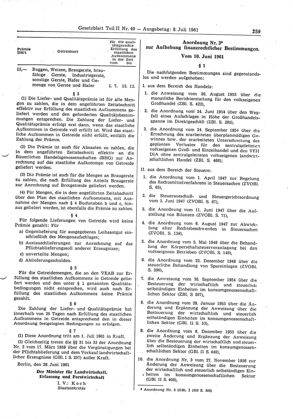 Gesetzblatt (GBl.) der Deutschen Demokratischen Republik (DDR) Teil ⅠⅠ 1961, Seite 259 (GBl. DDR ⅠⅠ 1961, S. 259)