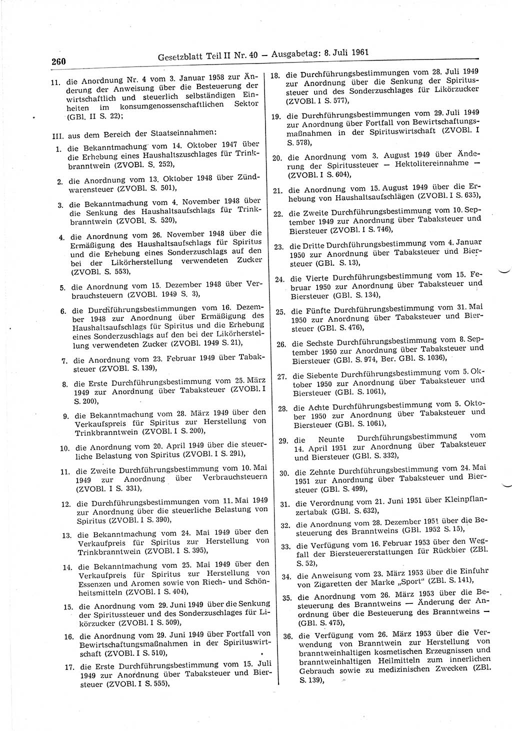 Gesetzblatt (GBl.) der Deutschen Demokratischen Republik (DDR) Teil ⅠⅠ 1961, Seite 260 (GBl. DDR ⅠⅠ 1961, S. 260)