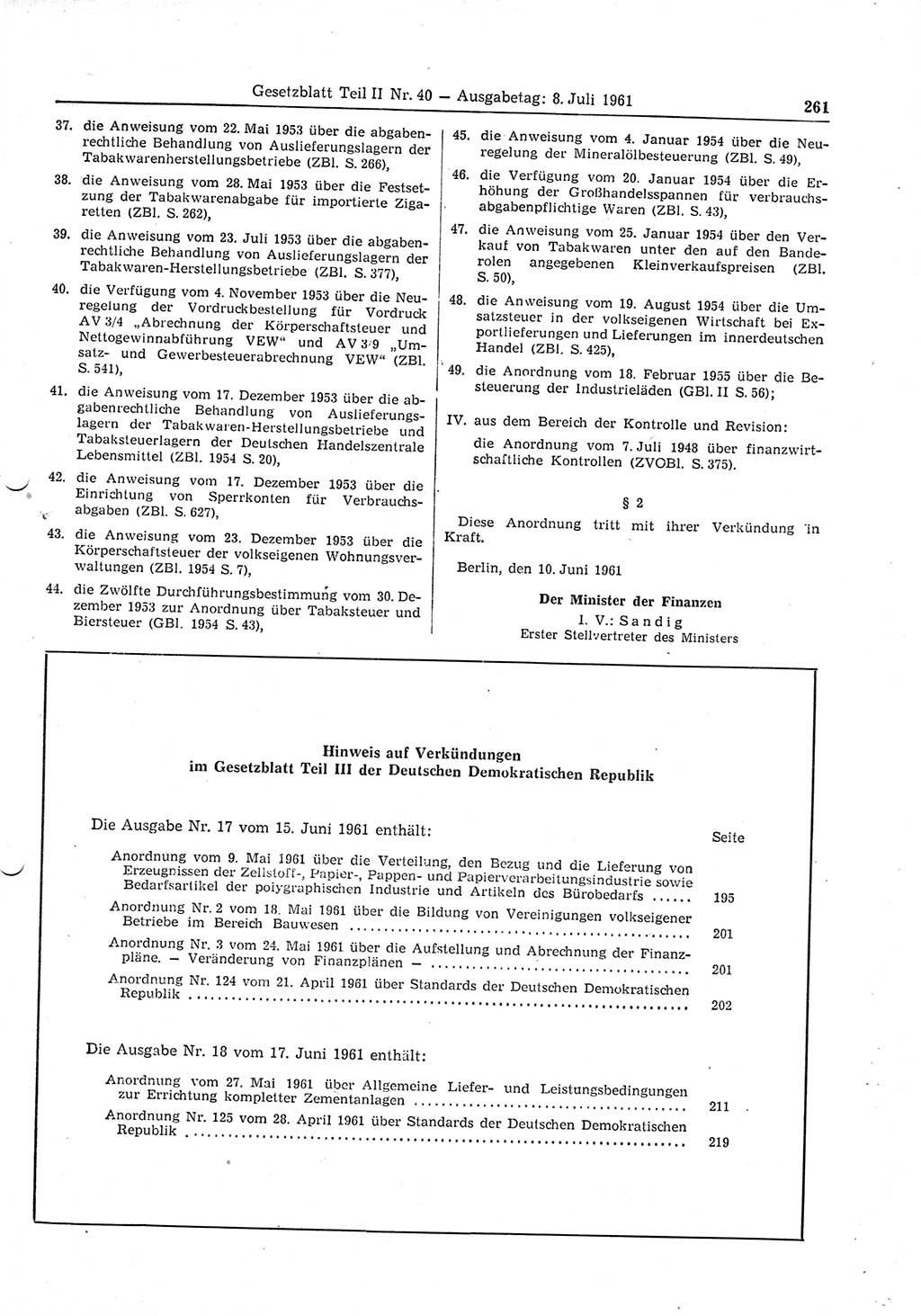 Gesetzblatt (GBl.) der Deutschen Demokratischen Republik (DDR) Teil ⅠⅠ 1961, Seite 261 (GBl. DDR ⅠⅠ 1961, S. 261)