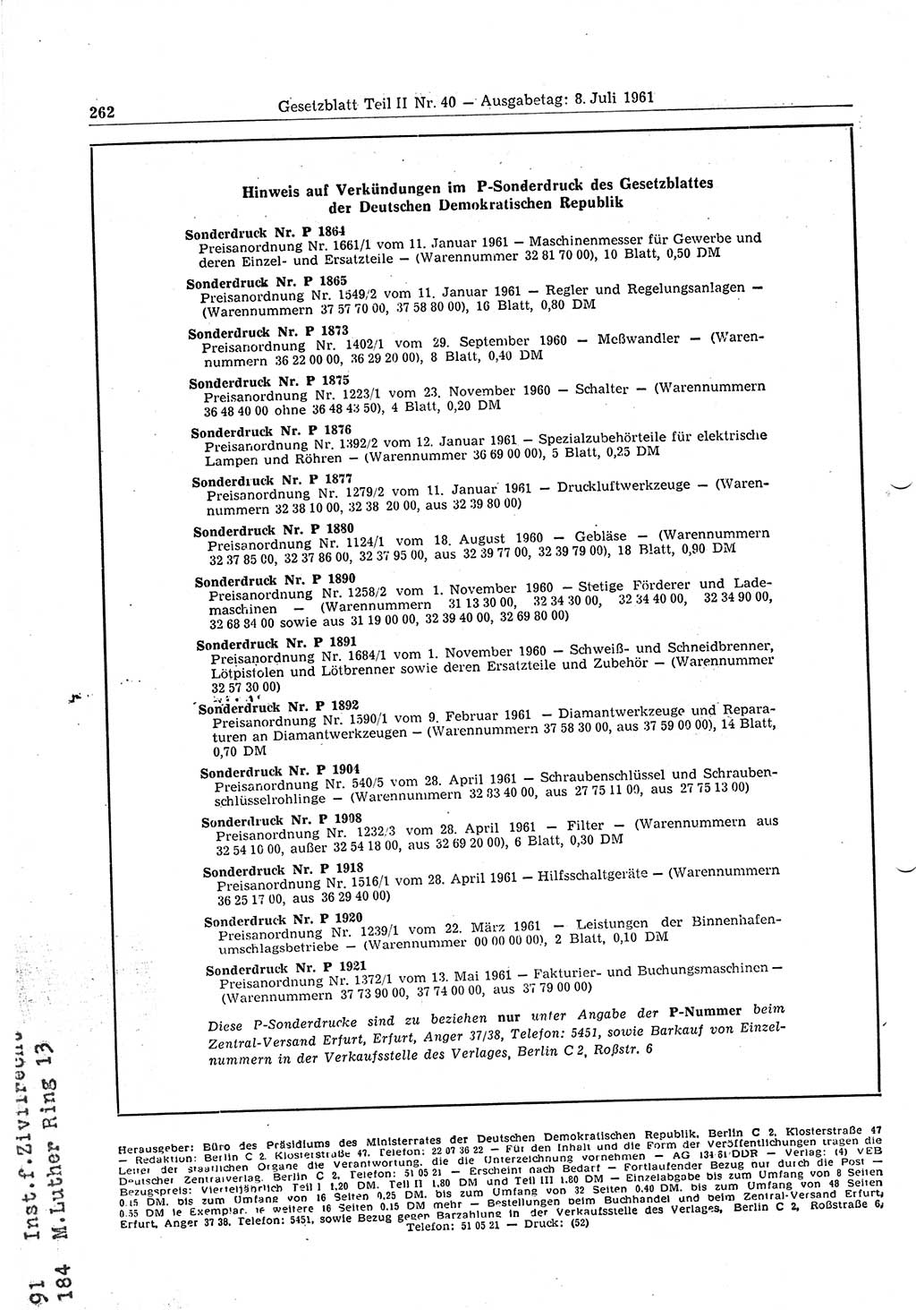 Gesetzblatt (GBl.) der Deutschen Demokratischen Republik (DDR) Teil ⅠⅠ 1961, Seite 262 (GBl. DDR ⅠⅠ 1961, S. 262)