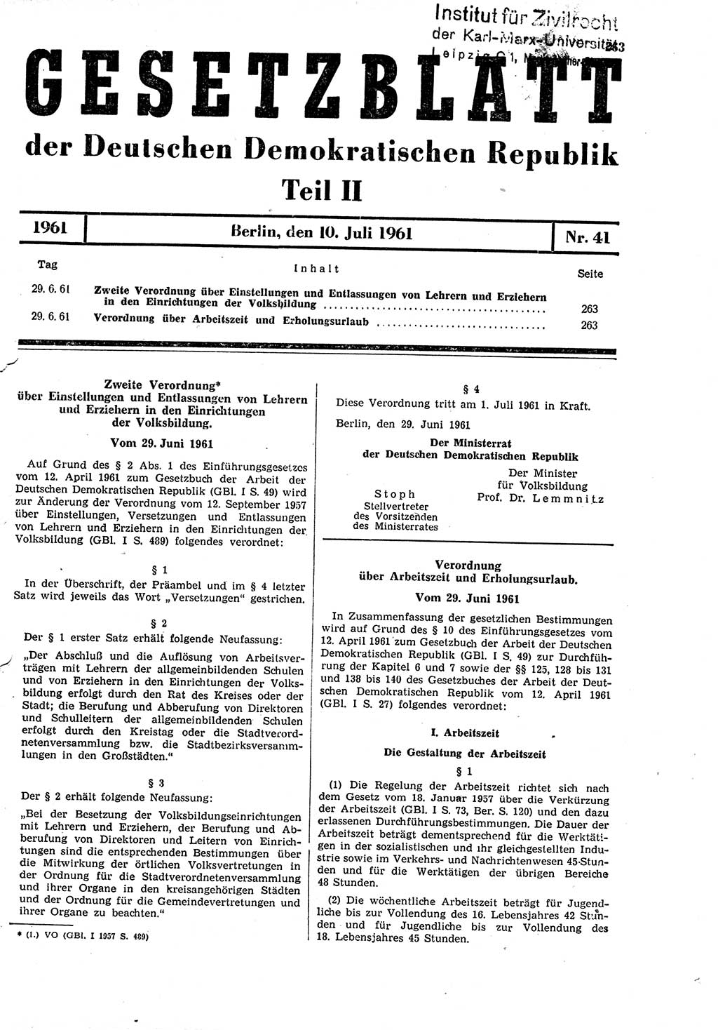 Gesetzblatt (GBl.) der Deutschen Demokratischen Republik (DDR) Teil ⅠⅠ 1961, Seite 263 (GBl. DDR ⅠⅠ 1961, S. 263)