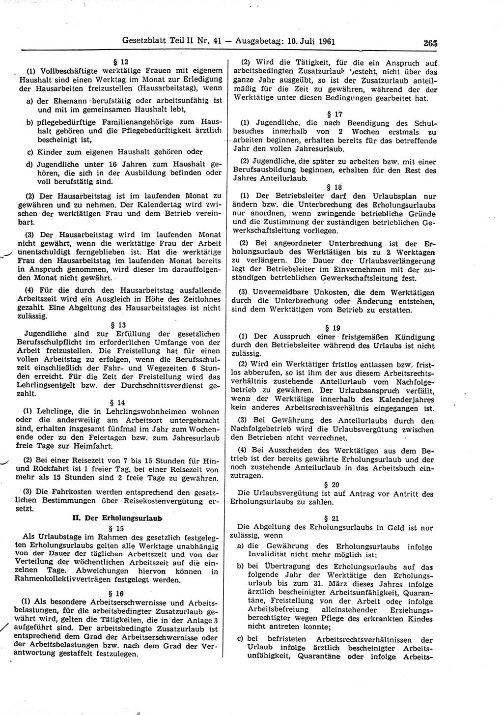 Gesetzblatt (GBl.) der Deutschen Demokratischen Republik (DDR) Teil ⅠⅠ 1961, Seite 265 (GBl. DDR ⅠⅠ 1961, S. 265)