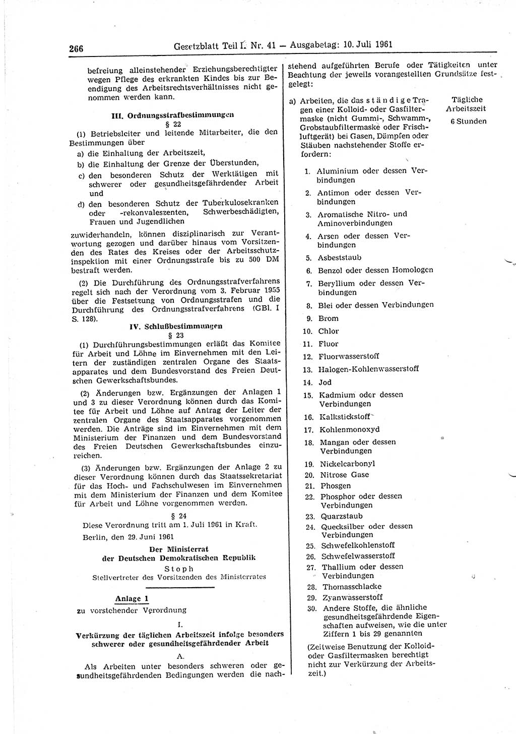 Gesetzblatt (GBl.) der Deutschen Demokratischen Republik (DDR) Teil ⅠⅠ 1961, Seite 266 (GBl. DDR ⅠⅠ 1961, S. 266)