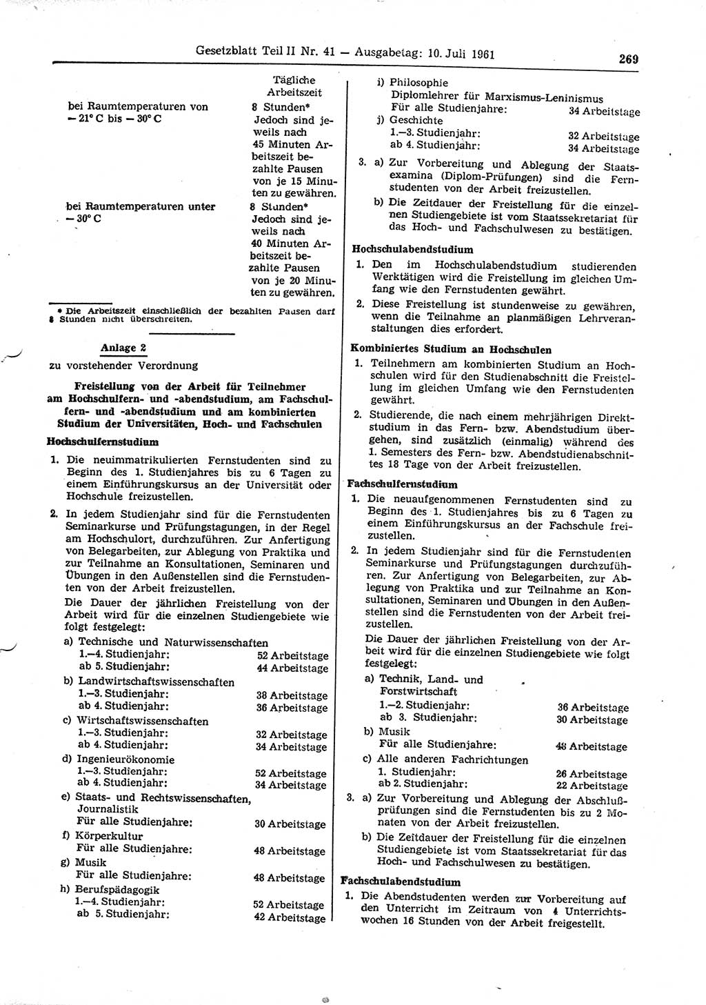 Gesetzblatt (GBl.) der Deutschen Demokratischen Republik (DDR) Teil ⅠⅠ 1961, Seite 269 (GBl. DDR ⅠⅠ 1961, S. 269)