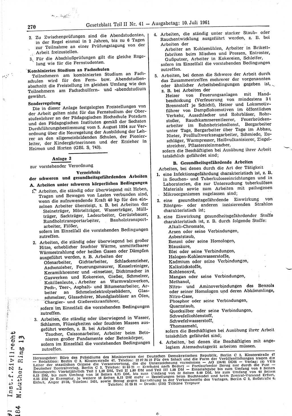 Gesetzblatt (GBl.) der Deutschen Demokratischen Republik (DDR) Teil ⅠⅠ 1961, Seite 270 (GBl. DDR ⅠⅠ 1961, S. 270)