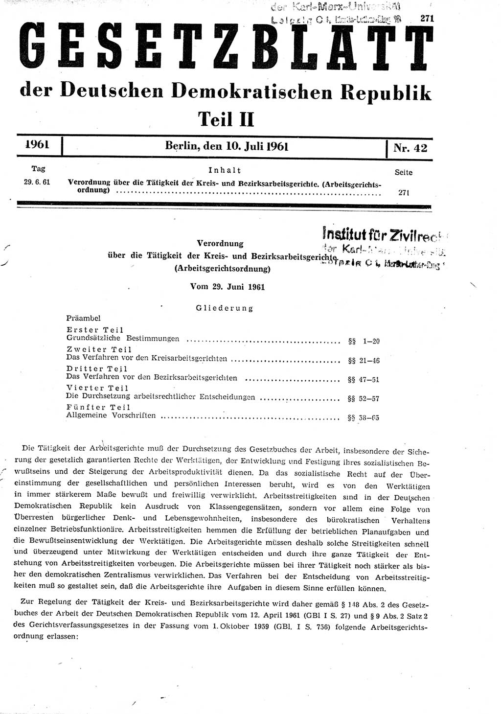 Gesetzblatt (GBl.) der Deutschen Demokratischen Republik (DDR) Teil ⅠⅠ 1961, Seite 271 (GBl. DDR ⅠⅠ 1961, S. 271)