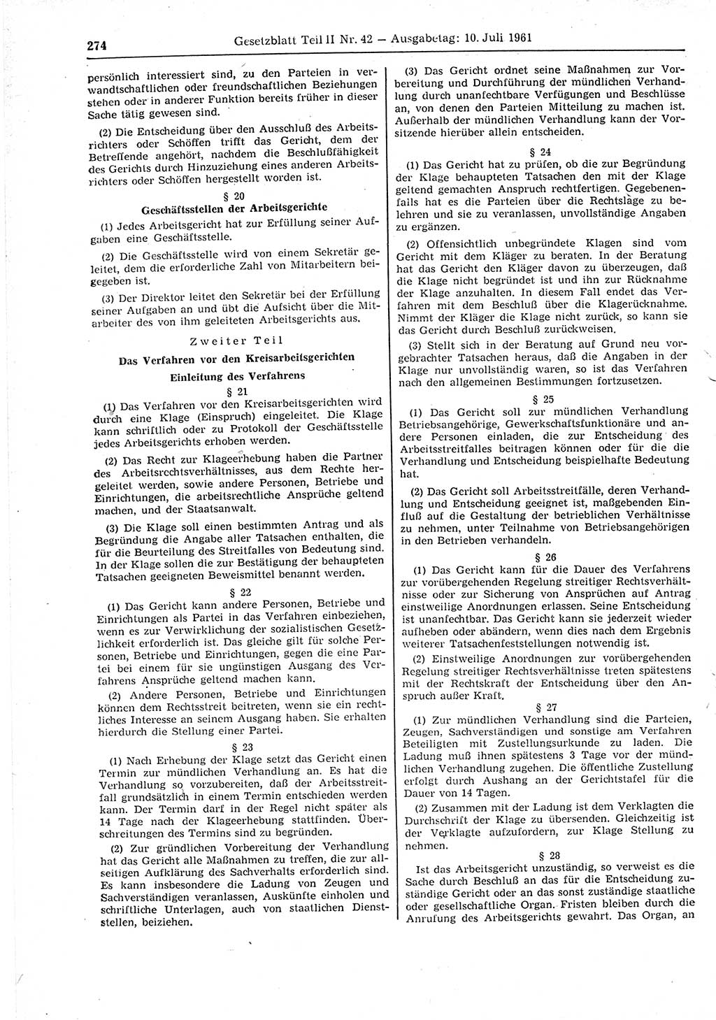 Gesetzblatt (GBl.) der Deutschen Demokratischen Republik (DDR) Teil ⅠⅠ 1961, Seite 274 (GBl. DDR ⅠⅠ 1961, S. 274)