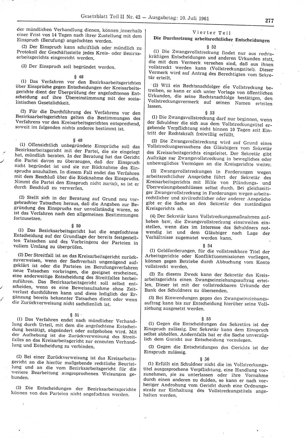 Gesetzblatt (GBl.) der Deutschen Demokratischen Republik (DDR) Teil ⅠⅠ 1961, Seite 277 (GBl. DDR ⅠⅠ 1961, S. 277)