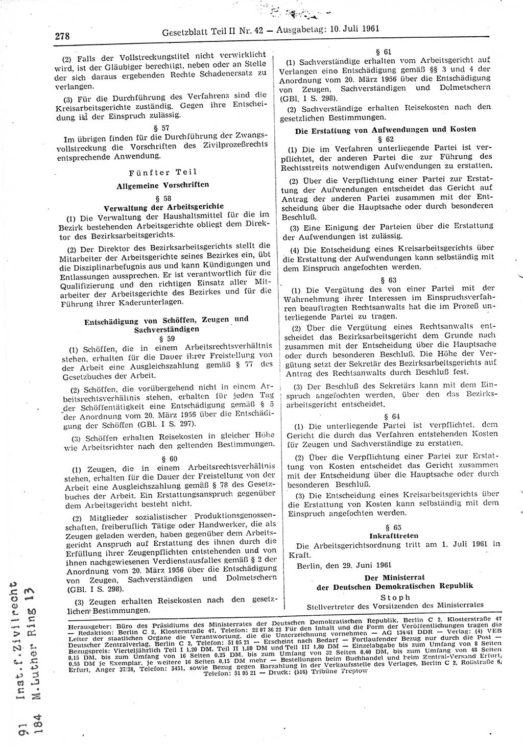 Gesetzblatt (GBl.) der Deutschen Demokratischen Republik (DDR) Teil ⅠⅠ 1961, Seite 278 (GBl. DDR ⅠⅠ 1961, S. 278)