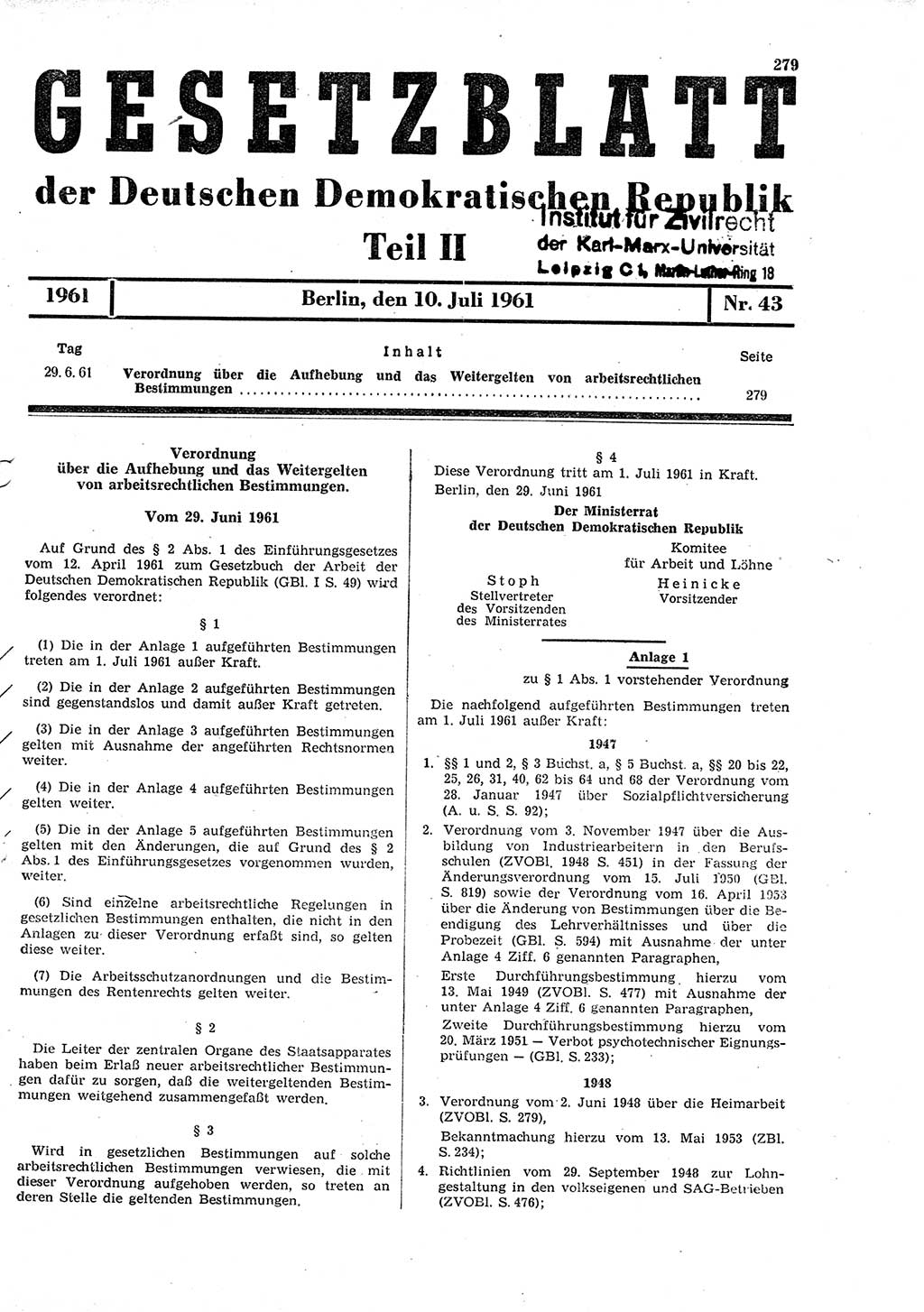 Gesetzblatt (GBl.) der Deutschen Demokratischen Republik (DDR) Teil ⅠⅠ 1961, Seite 279 (GBl. DDR ⅠⅠ 1961, S. 279)