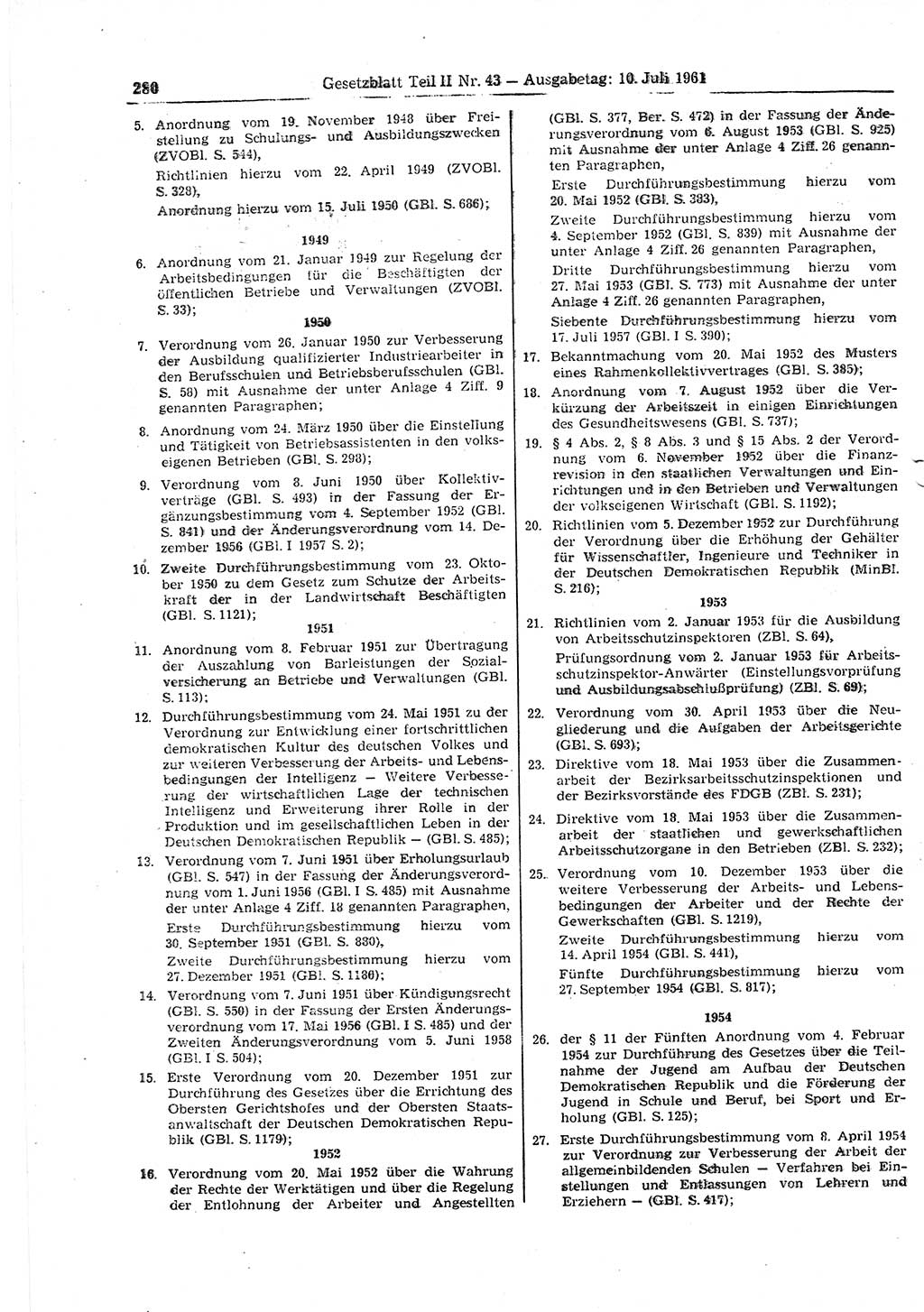 Gesetzblatt (GBl.) der Deutschen Demokratischen Republik (DDR) Teil ⅠⅠ 1961, Seite 280 (GBl. DDR ⅠⅠ 1961, S. 280)