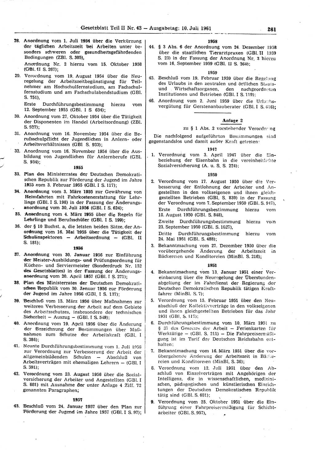 Gesetzblatt (GBl.) der Deutschen Demokratischen Republik (DDR) Teil ⅠⅠ 1961, Seite 281 (GBl. DDR ⅠⅠ 1961, S. 281)