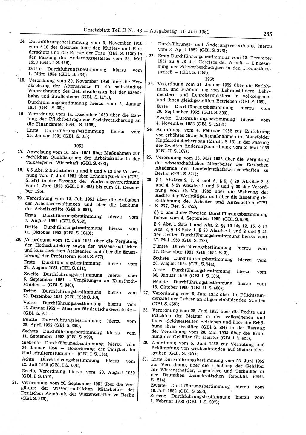 Gesetzblatt (GBl.) der Deutschen Demokratischen Republik (DDR) Teil ⅠⅠ 1961, Seite 285 (GBl. DDR ⅠⅠ 1961, S. 285)
