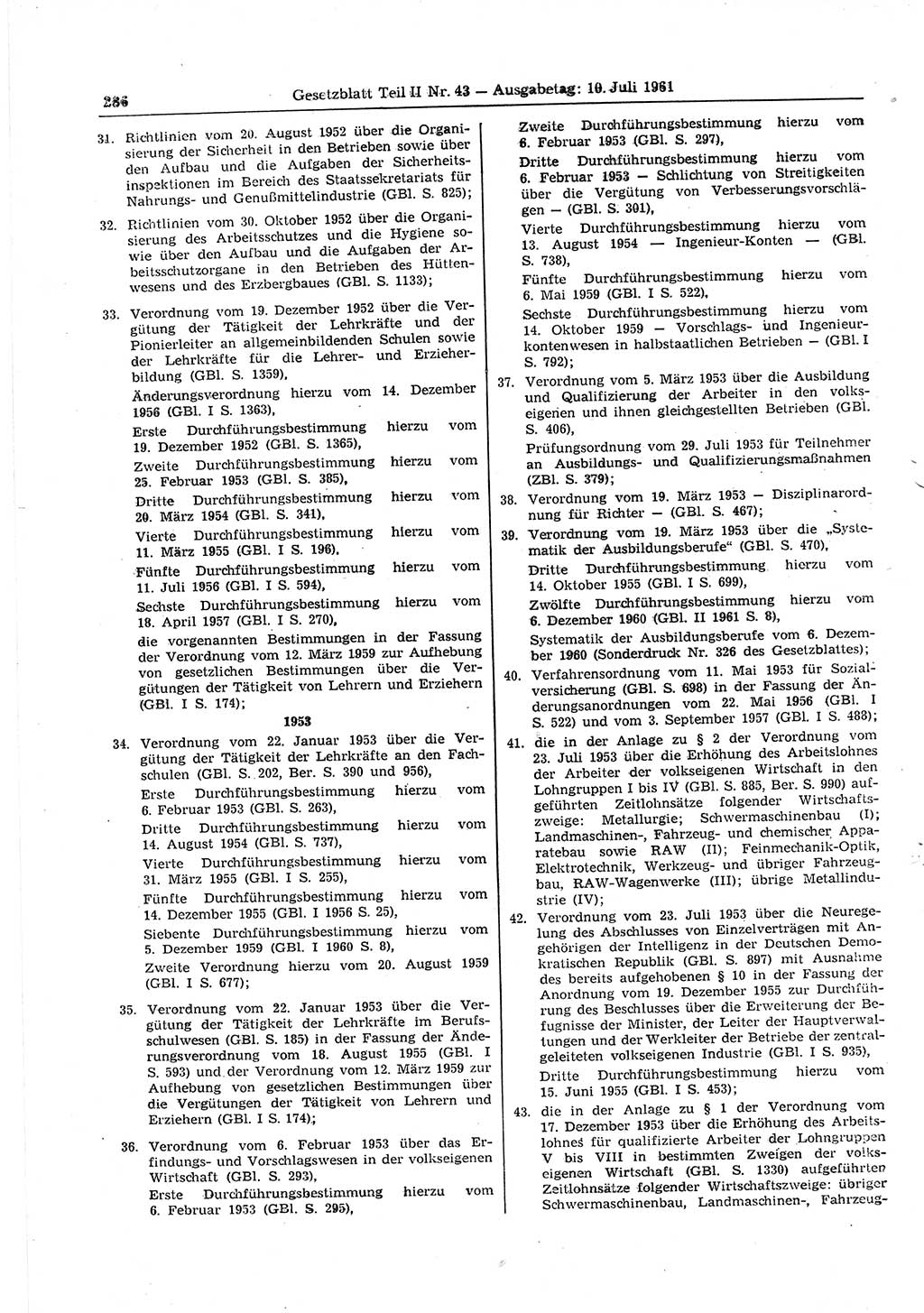 Gesetzblatt (GBl.) der Deutschen Demokratischen Republik (DDR) Teil ⅠⅠ 1961, Seite 286 (GBl. DDR ⅠⅠ 1961, S. 286)