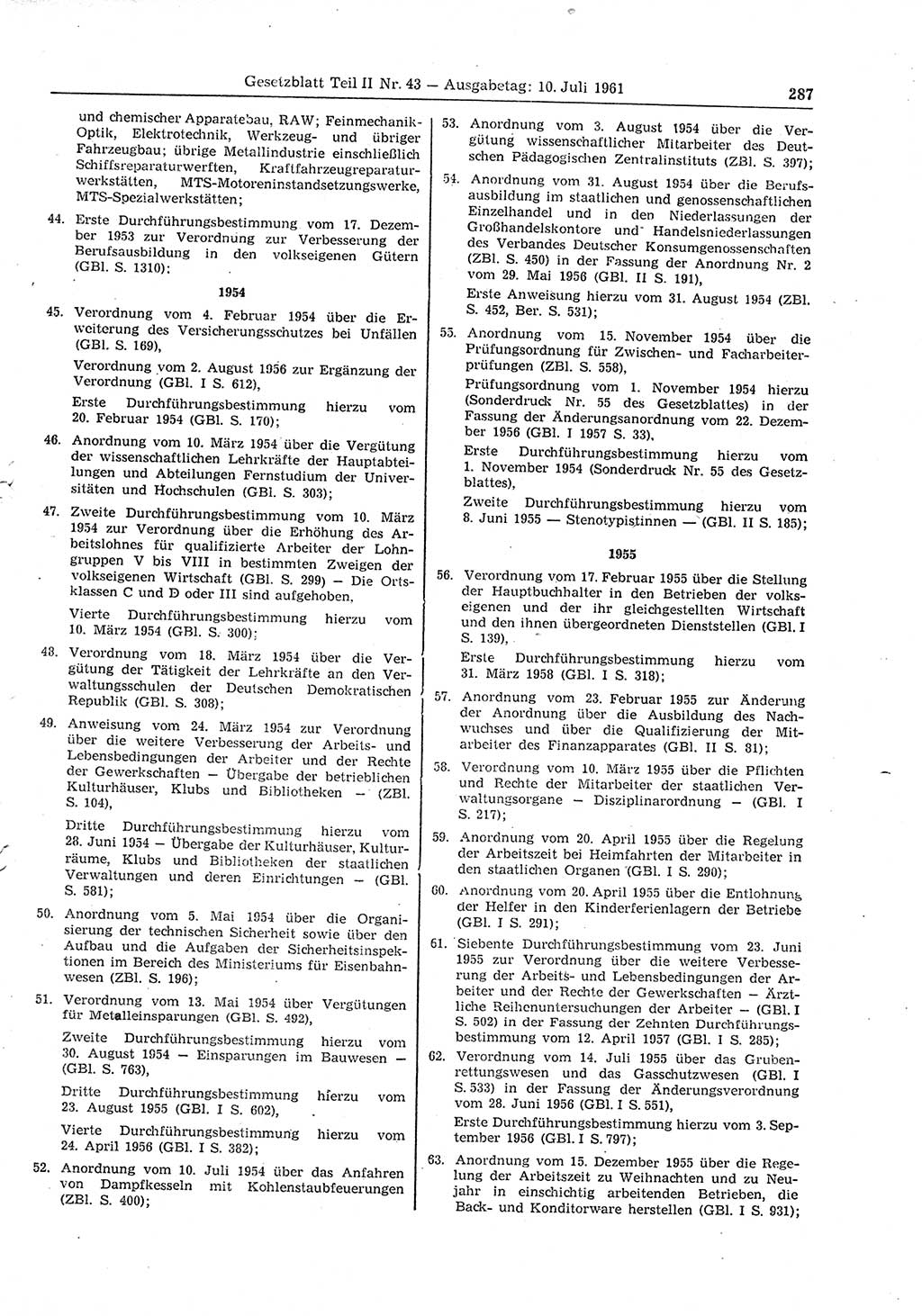 Gesetzblatt (GBl.) der Deutschen Demokratischen Republik (DDR) Teil ⅠⅠ 1961, Seite 287 (GBl. DDR ⅠⅠ 1961, S. 287)