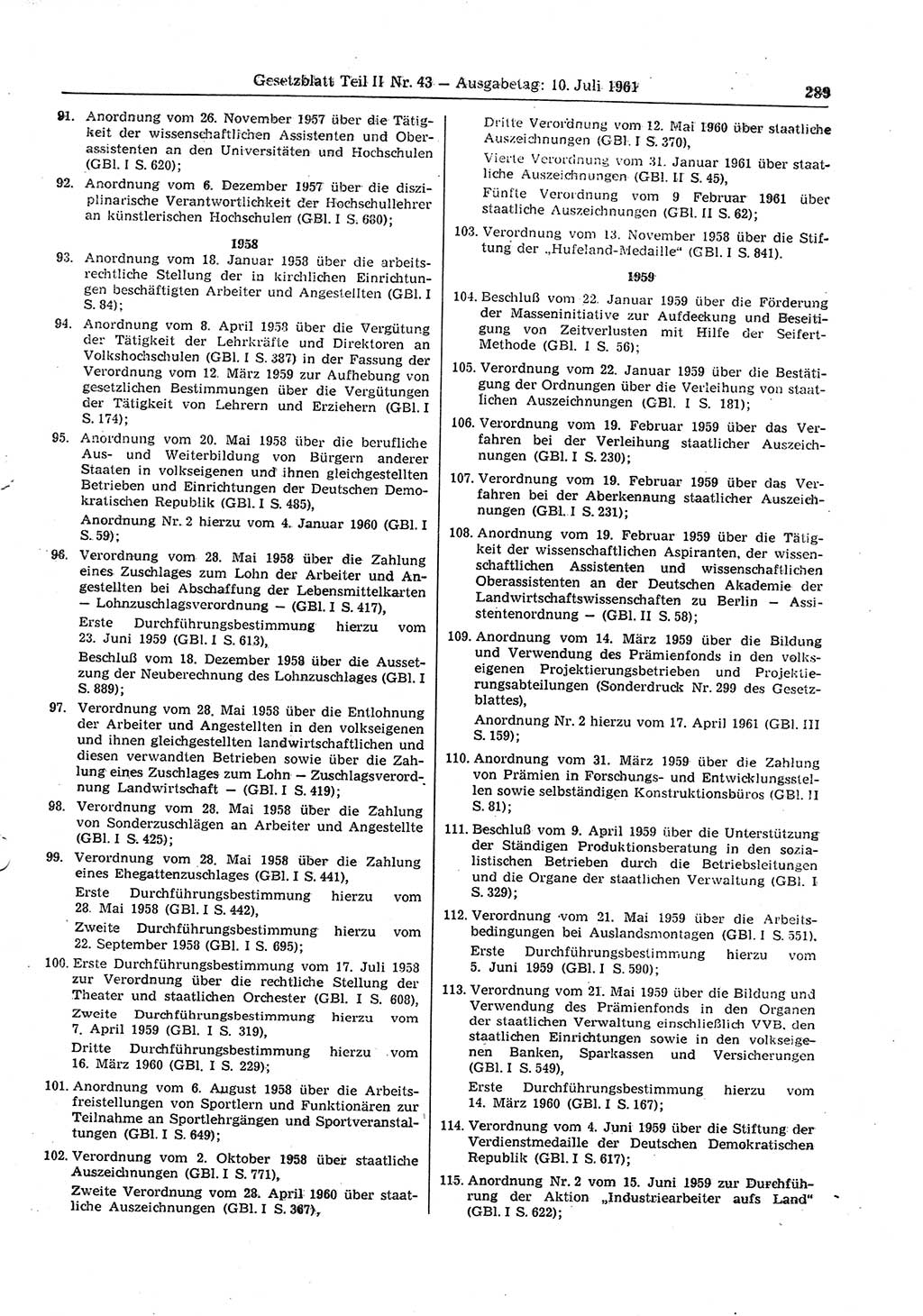 Gesetzblatt (GBl.) der Deutschen Demokratischen Republik (DDR) Teil ⅠⅠ 1961, Seite 289 (GBl. DDR ⅠⅠ 1961, S. 289)