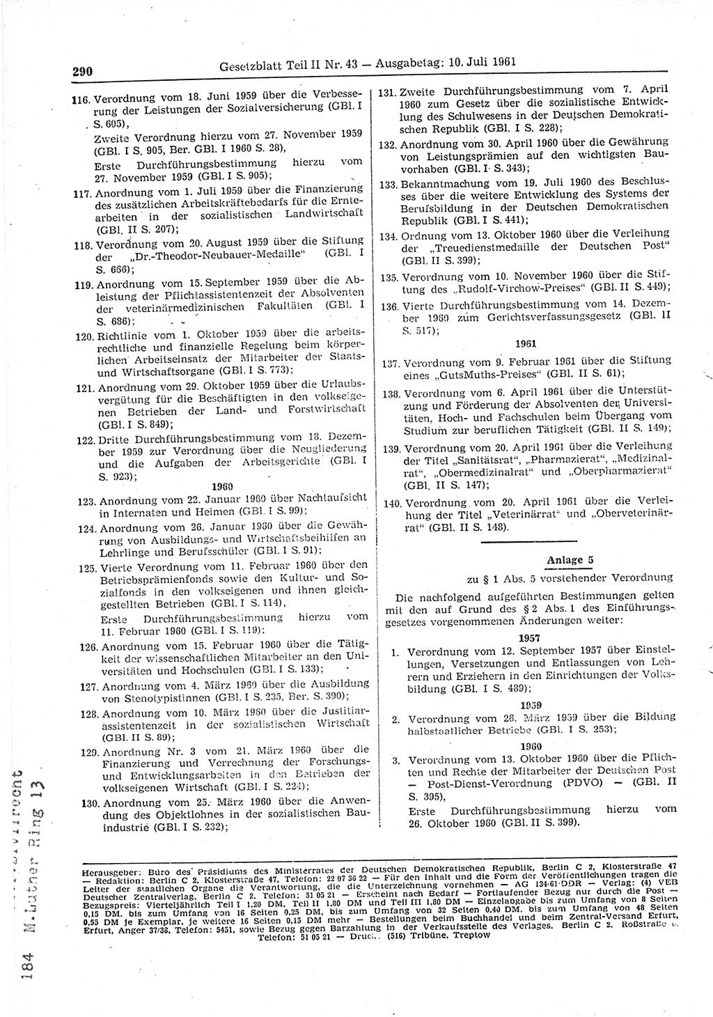 Gesetzblatt (GBl.) der Deutschen Demokratischen Republik (DDR) Teil ⅠⅠ 1961, Seite 290 (GBl. DDR ⅠⅠ 1961, S. 290)