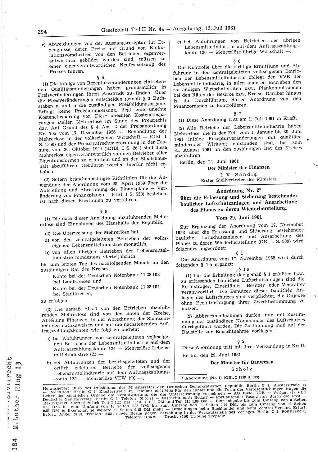 Gesetzblatt (GBl.) der Deutschen Demokratischen Republik (DDR) Teil ⅠⅠ 1961, Seite 294 (GBl. DDR ⅠⅠ 1961, S. 294)