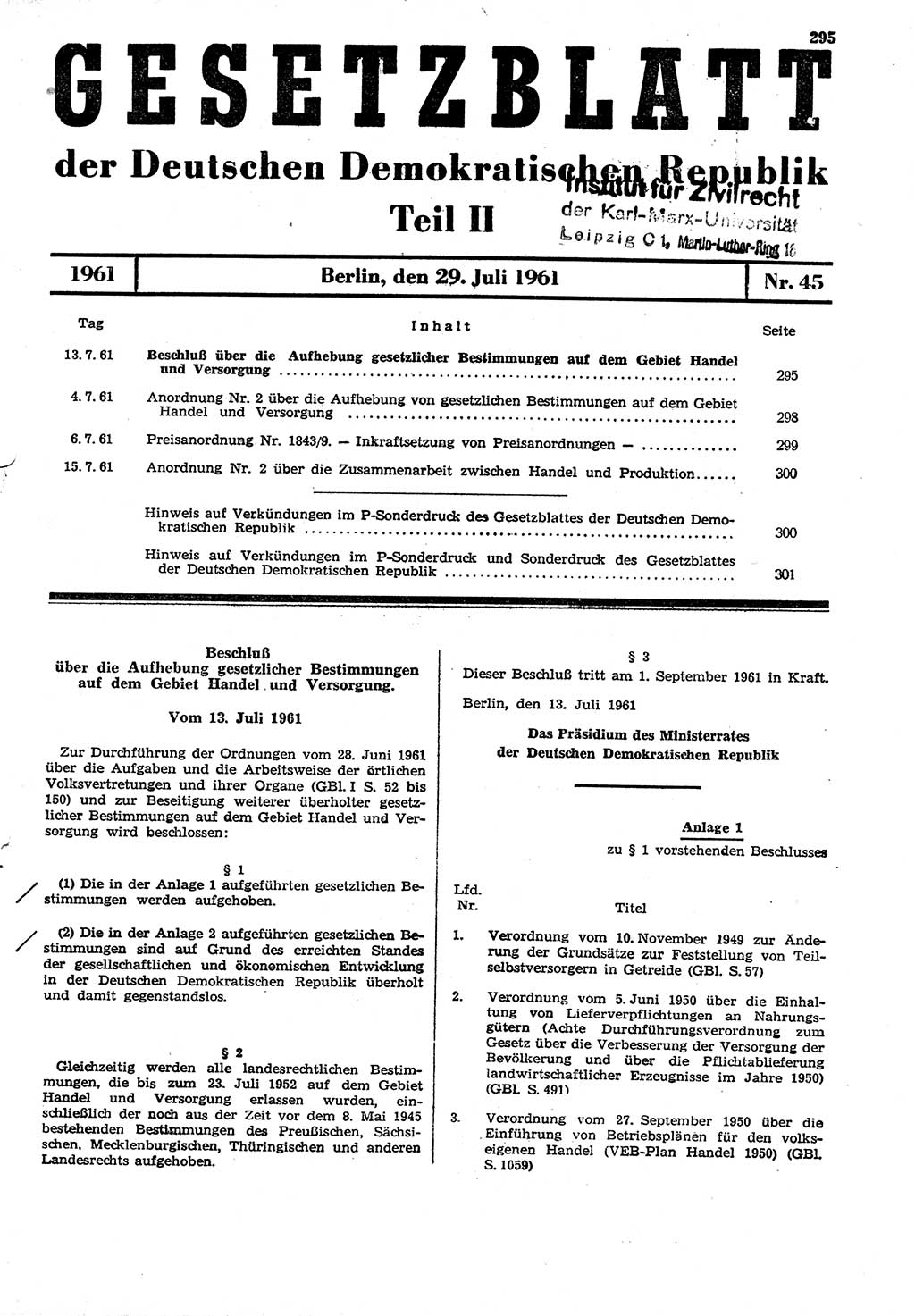 Gesetzblatt (GBl.) der Deutschen Demokratischen Republik (DDR) Teil ⅠⅠ 1961, Seite 295 (GBl. DDR ⅠⅠ 1961, S. 295)