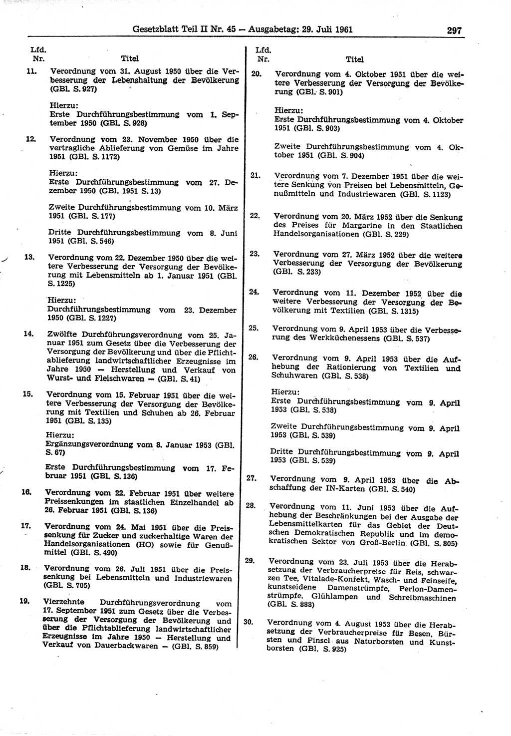 Gesetzblatt (GBl.) der Deutschen Demokratischen Republik (DDR) Teil ⅠⅠ 1961, Seite 297 (GBl. DDR ⅠⅠ 1961, S. 297)
