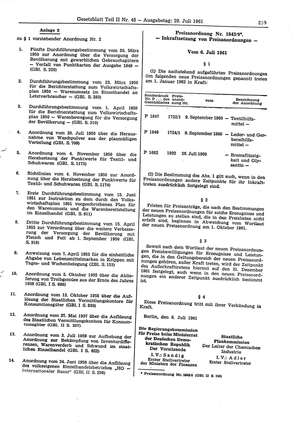 Gesetzblatt (GBl.) der Deutschen Demokratischen Republik (DDR) Teil ⅠⅠ 1961, Seite 299 (GBl. DDR ⅠⅠ 1961, S. 299)