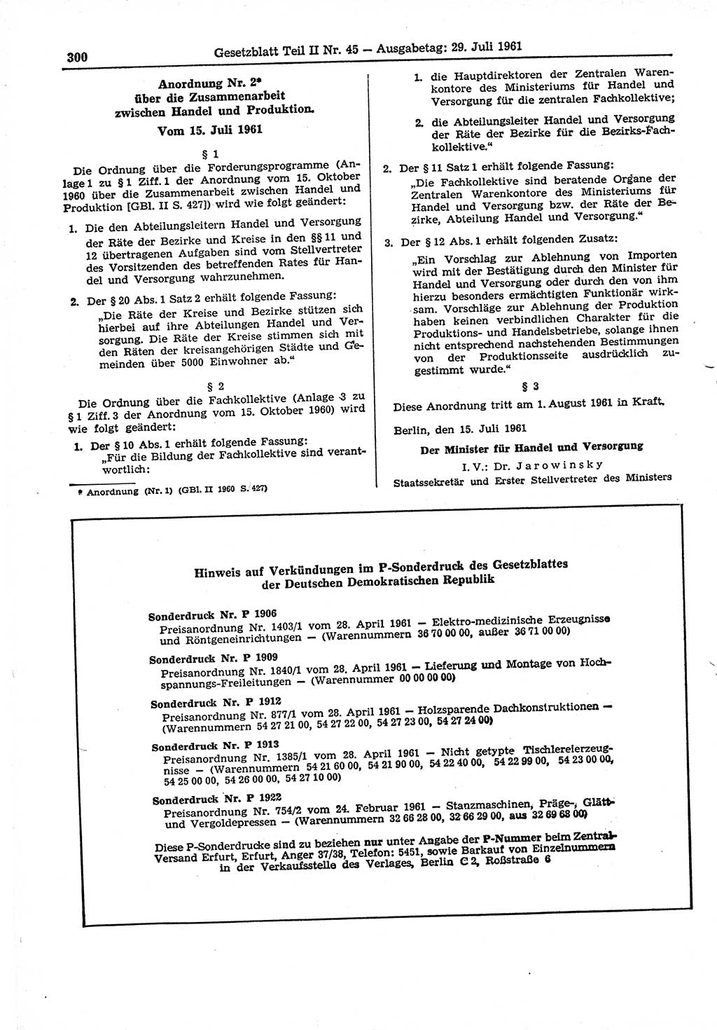 Gesetzblatt (GBl.) der Deutschen Demokratischen Republik (DDR) Teil ⅠⅠ 1961, Seite 300 (GBl. DDR ⅠⅠ 1961, S. 300)