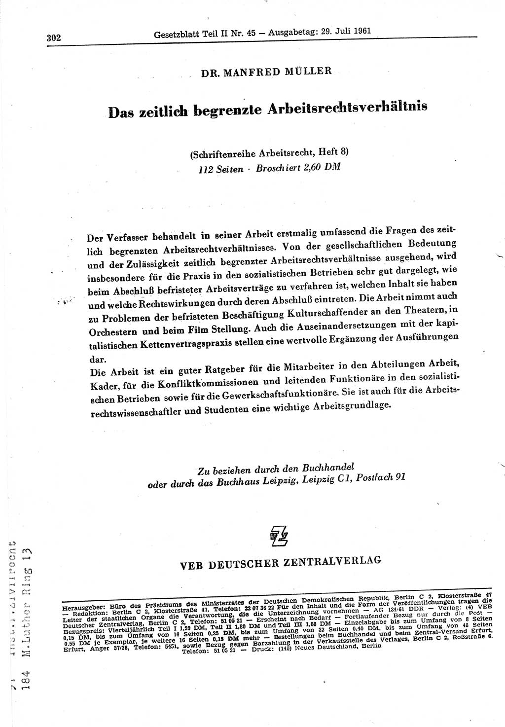 Gesetzblatt (GBl.) der Deutschen Demokratischen Republik (DDR) Teil ⅠⅠ 1961, Seite 302 (GBl. DDR ⅠⅠ 1961, S. 302)