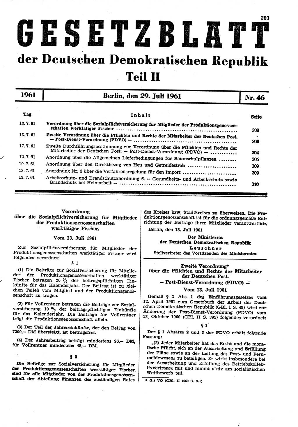 Gesetzblatt (GBl.) der Deutschen Demokratischen Republik (DDR) Teil ⅠⅠ 1961, Seite 303 (GBl. DDR ⅠⅠ 1961, S. 303)