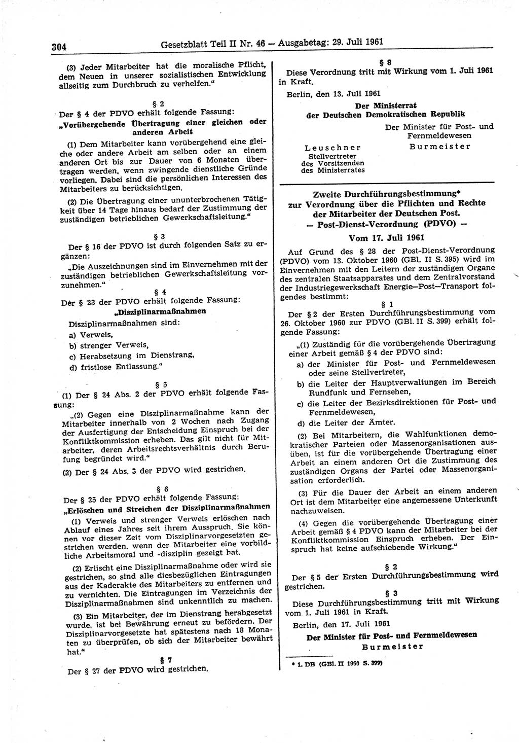 Gesetzblatt (GBl.) der Deutschen Demokratischen Republik (DDR) Teil ⅠⅠ 1961, Seite 304 (GBl. DDR ⅠⅠ 1961, S. 304)