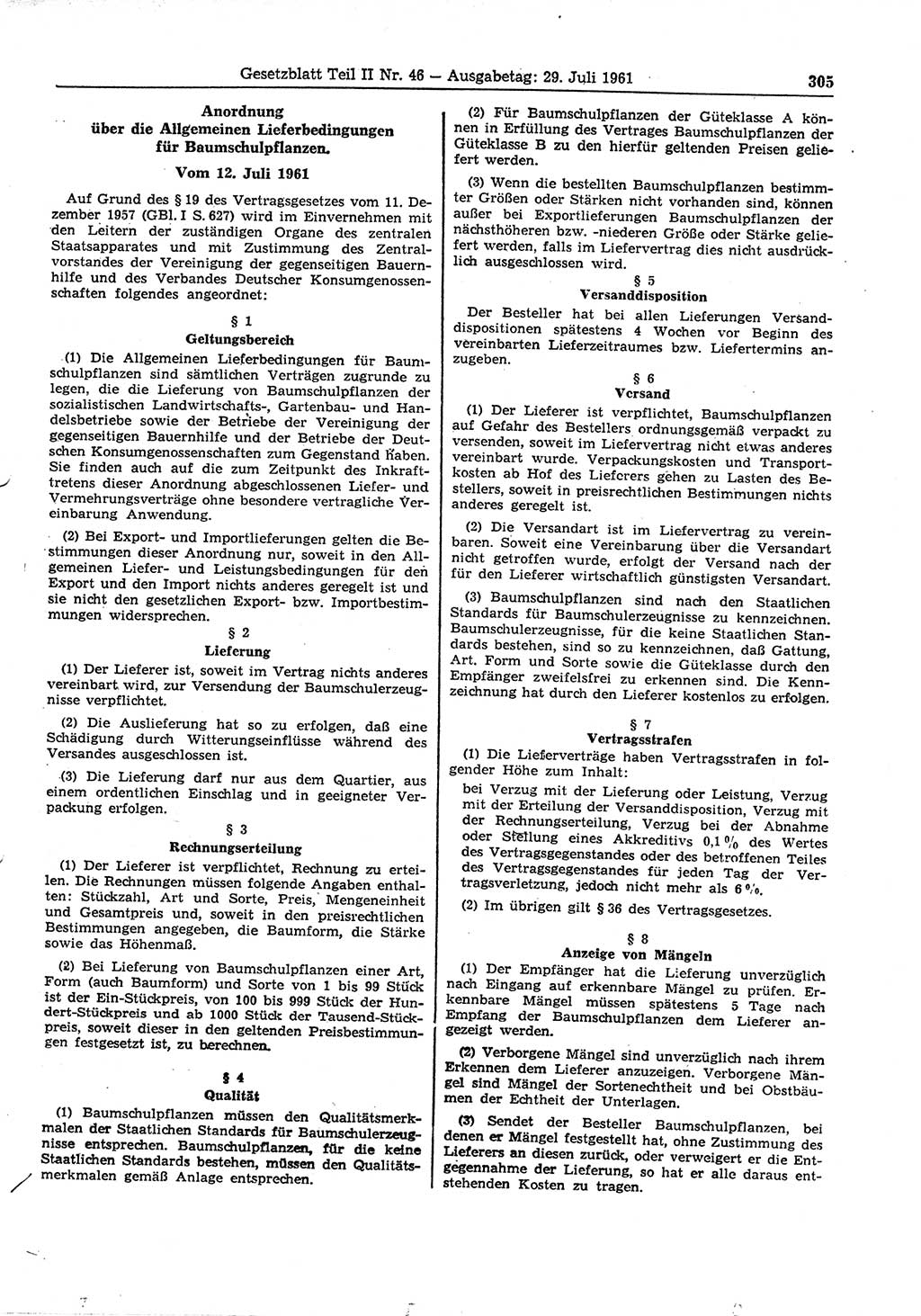 Gesetzblatt (GBl.) der Deutschen Demokratischen Republik (DDR) Teil ⅠⅠ 1961, Seite 305 (GBl. DDR ⅠⅠ 1961, S. 305)