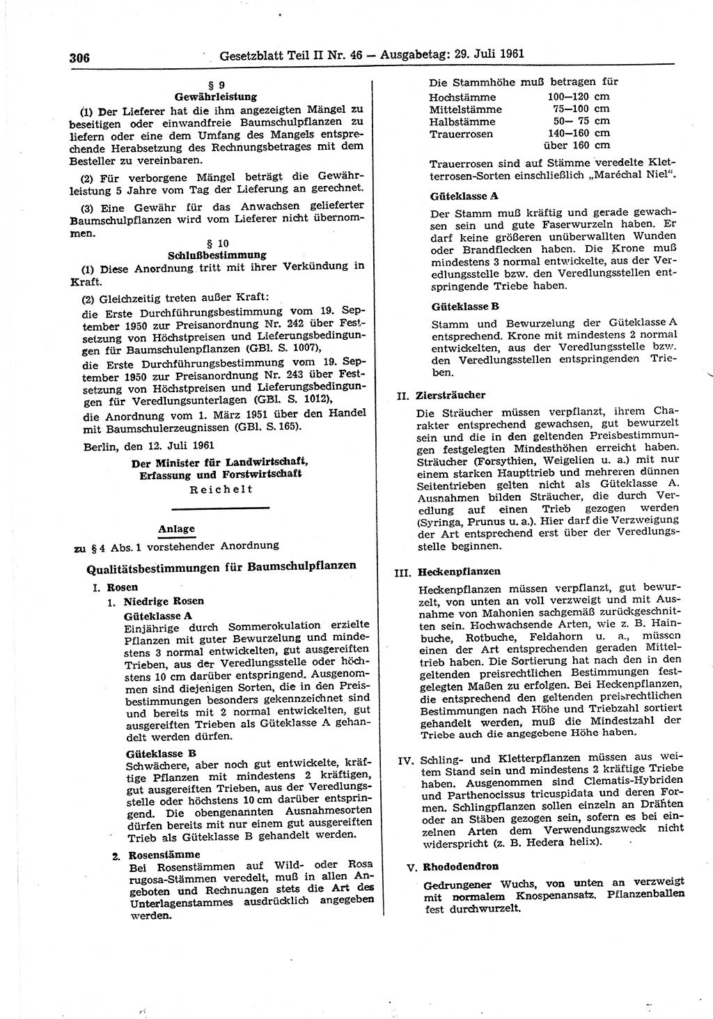 Gesetzblatt (GBl.) der Deutschen Demokratischen Republik (DDR) Teil ⅠⅠ 1961, Seite 306 (GBl. DDR ⅠⅠ 1961, S. 306)