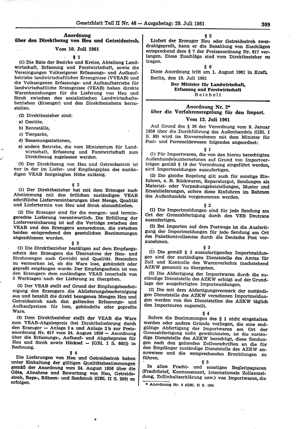 Gesetzblatt (GBl.) der Deutschen Demokratischen Republik (DDR) Teil ⅠⅠ 1961, Seite 309 (GBl. DDR ⅠⅠ 1961, S. 309)