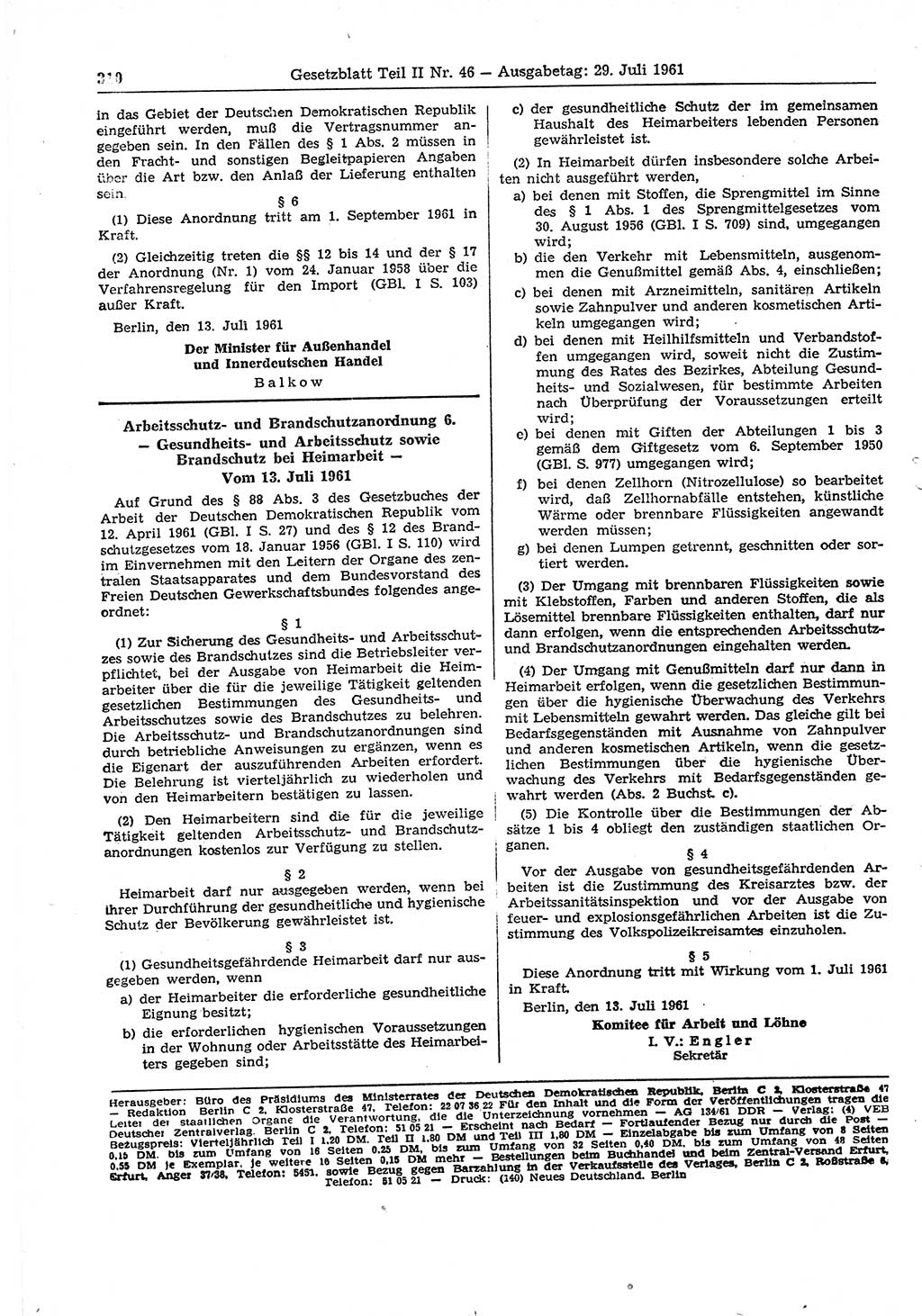 Gesetzblatt (GBl.) der Deutschen Demokratischen Republik (DDR) Teil ⅠⅠ 1961, Seite 310 (GBl. DDR ⅠⅠ 1961, S. 310)