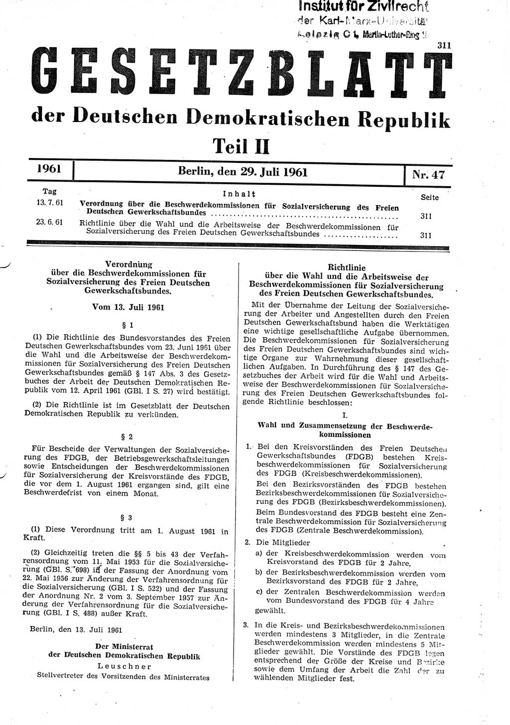 Gesetzblatt (GBl.) der Deutschen Demokratischen Republik (DDR) Teil ⅠⅠ 1961, Seite 311 (GBl. DDR ⅠⅠ 1961, S. 311)