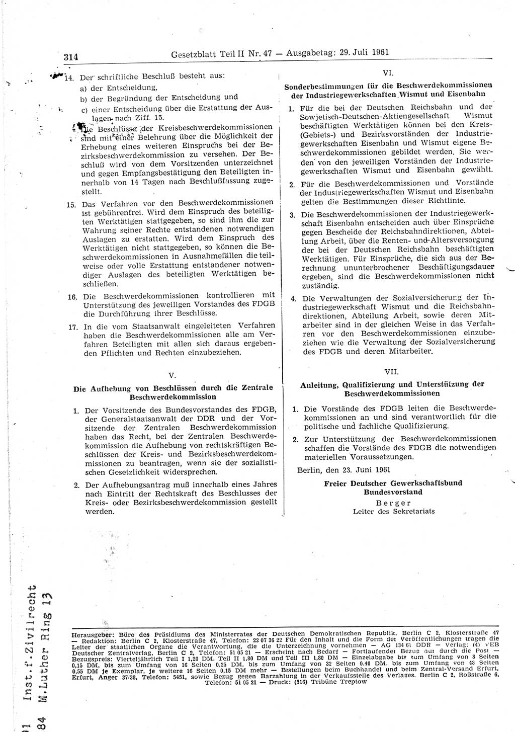 Gesetzblatt (GBl.) der Deutschen Demokratischen Republik (DDR) Teil ⅠⅠ 1961, Seite 314 (GBl. DDR ⅠⅠ 1961, S. 314)
