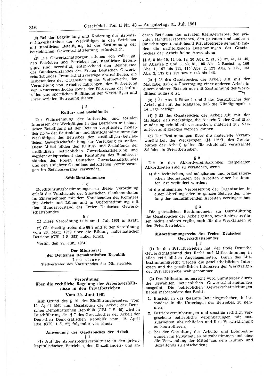 Gesetzblatt (GBl.) der Deutschen Demokratischen Republik (DDR) Teil ⅠⅠ 1961, Seite 316 (GBl. DDR ⅠⅠ 1961, S. 316)