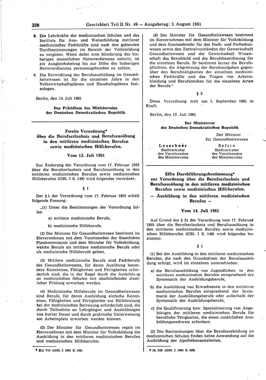 Gesetzblatt (GBl.) der Deutschen Demokratischen Republik (DDR) Teil ⅠⅠ 1961, Seite 320 (GBl. DDR ⅠⅠ 1961, S. 320)