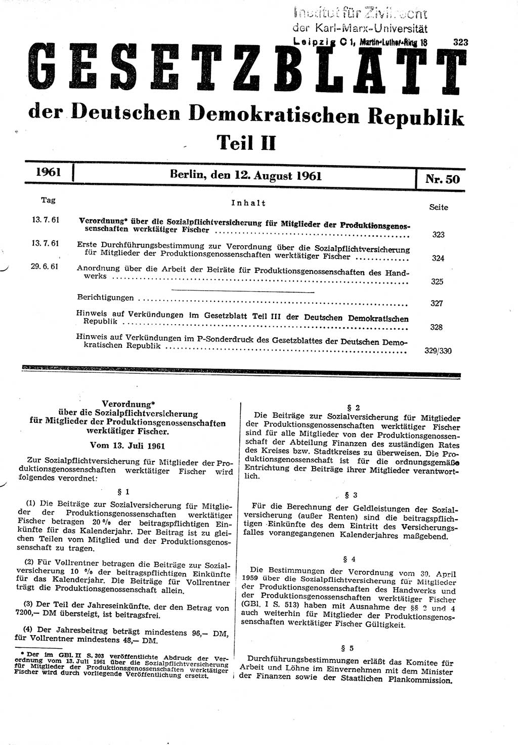 Gesetzblatt (GBl.) der Deutschen Demokratischen Republik (DDR) Teil ⅠⅠ 1961, Seite 323 (GBl. DDR ⅠⅠ 1961, S. 323)