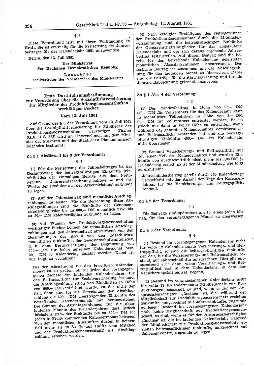 Gesetzblatt (GBl.) der Deutschen Demokratischen Republik (DDR) Teil ⅠⅠ 1961, Seite 324 (GBl. DDR ⅠⅠ 1961, S. 324)